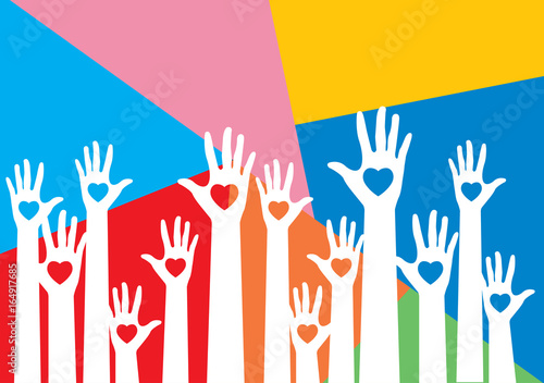 Warm colorful caring up hands hearts vector design element.