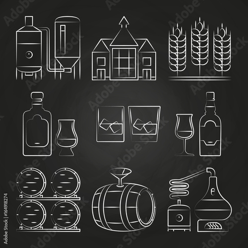 Whiskey process and icons on chalkboard