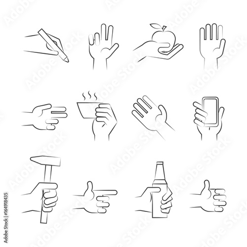 Hand drawn hand icons with tools and other objects