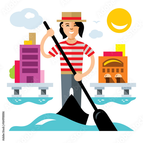 Vector Venice gondola, gondolier rowing oar. Flat style colorful Cartoon illustration.