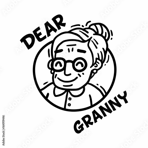 logo dear granny black and white portrait with glasses