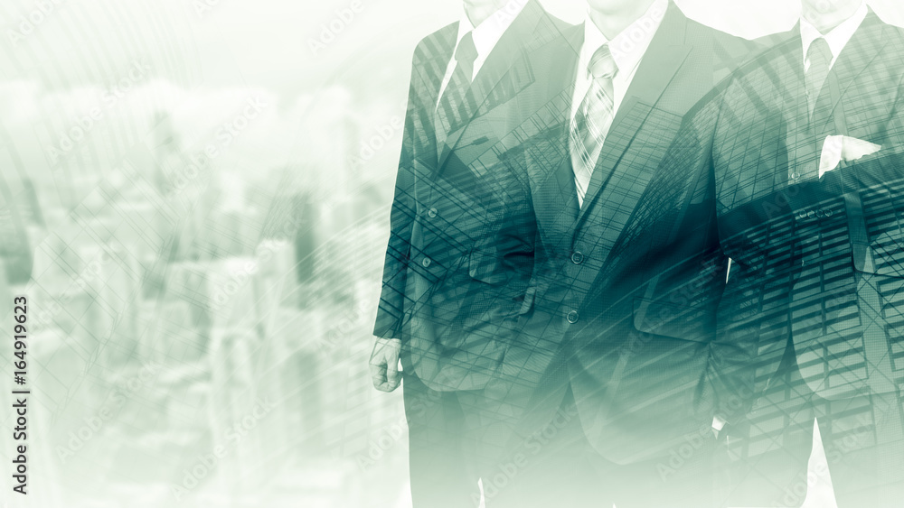 Three businessmen in suits. Business concept leader. Man power. Double exposure Three businessmen in suits. Business concept leader. Man power. Double exposure