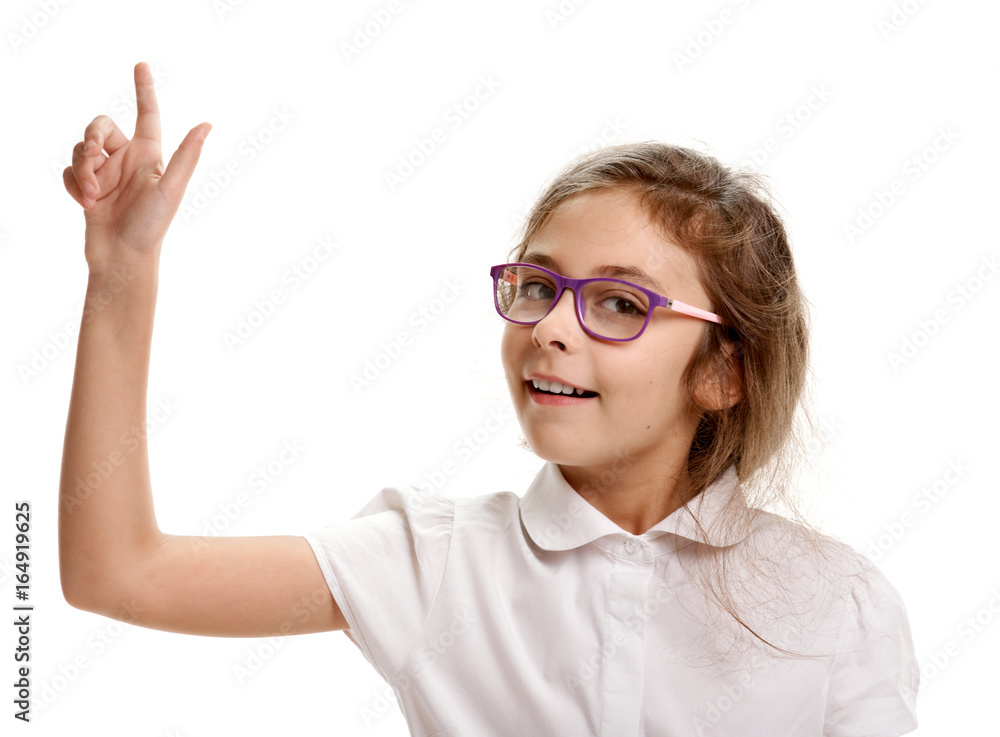 Schoolgirl showing direction up Schoolgirl showing direction up