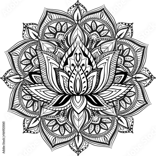 Filigree lotus flower, vector handdrawn illustration on mandala background