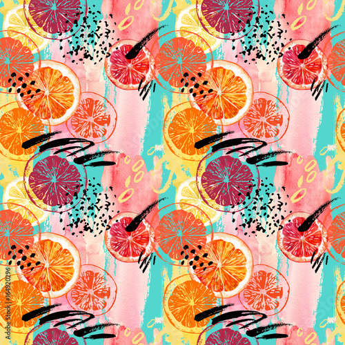 Watercolor orange, lemon, grapefruit seamless pattern.