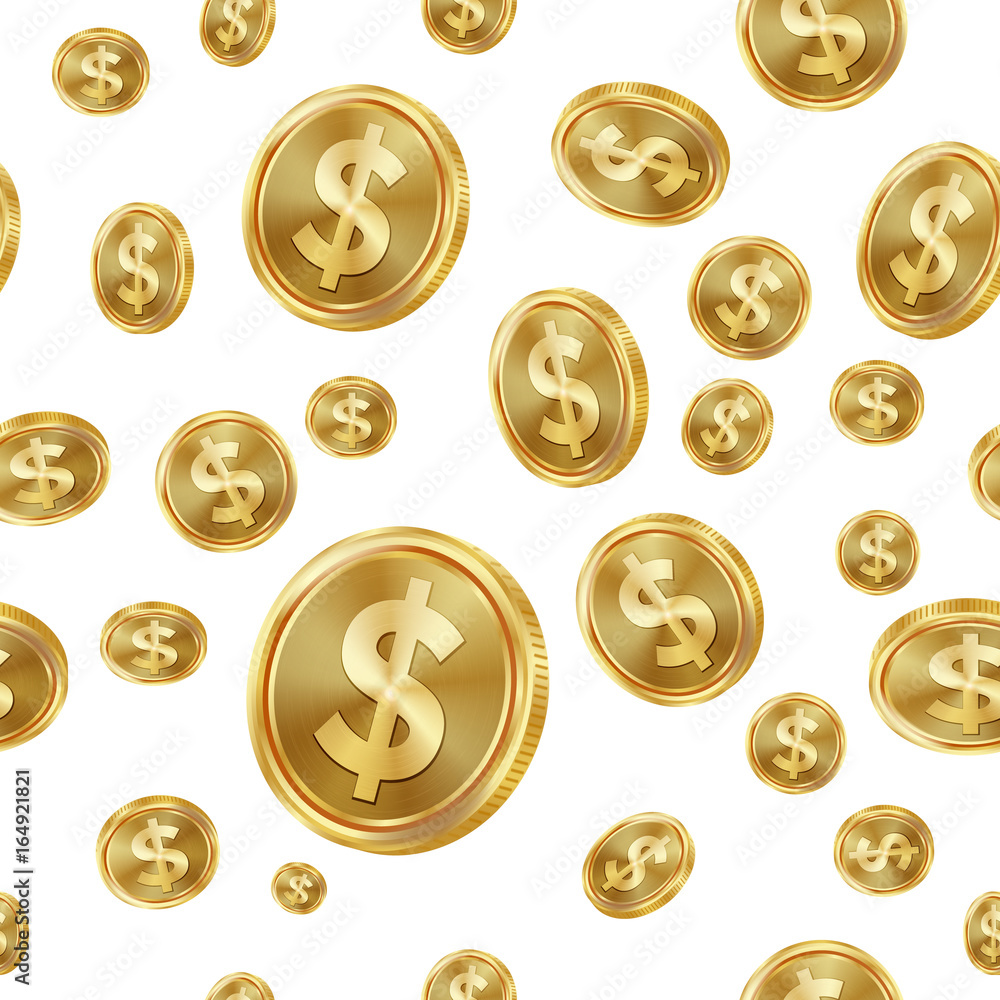 Dollar Seamless Pattern Vector. Gold Coins. Isolated Background. Golden Finance Banking Texture.
