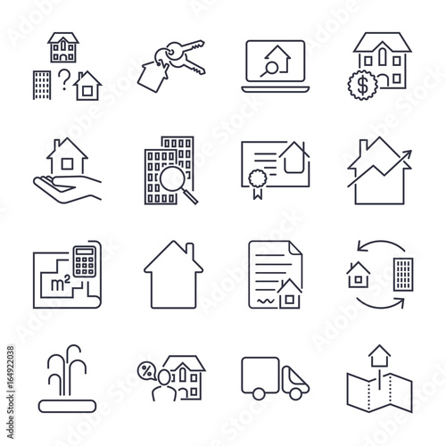 Home, Rent, Mortage Icons Set. Real estate, building, house, construction, contract icon and sign concept vector set for infographics, website. Icon set with editable stroke