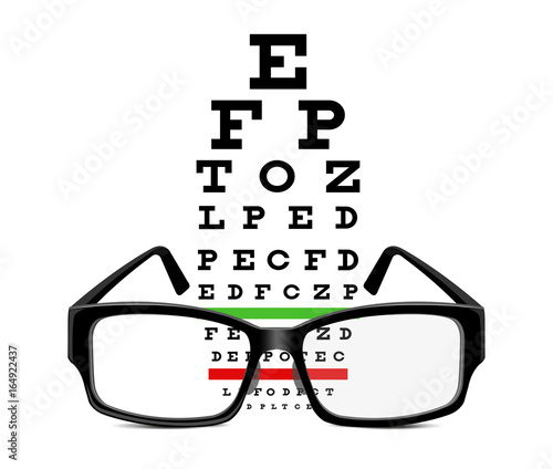 eye glasses and eye chart on white background