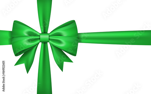 Gift bow ribbon silk. Green bow tie isolated white background. 3D gift bow tie for Christmas present, holiday decoration, birthday celebration. Decorative satin ribbon element Vector illustration