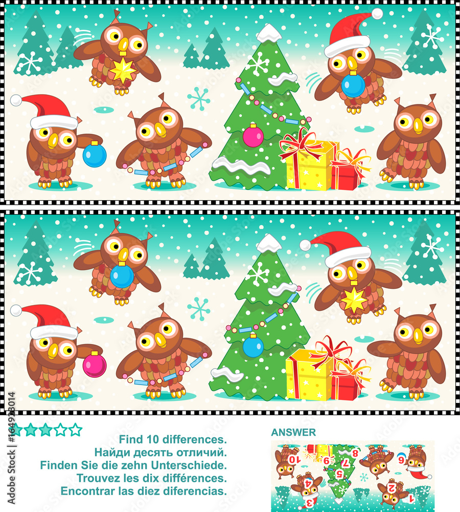 Christmas or New Year visual puzzle: Find the ten differences between the two pictures  - owls trimming the christmas tree. Answer included.
