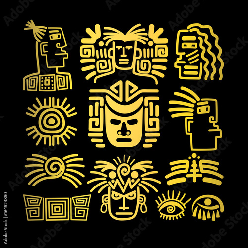 Tribal face drawings set  golden symbols
