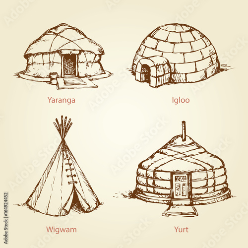 Ethnic homes of different nations. Vector drawing