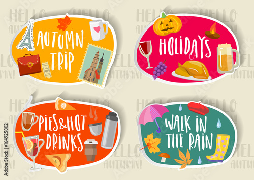 Vector set of hand drawn trendy colorful autumn stickers with lettering and with autumnal symbols.