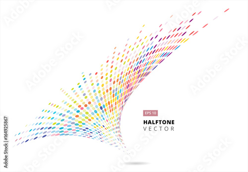 Abstract halftone spiral rainbow dots pattern perspective, storm colorful, isolated on white background, vector