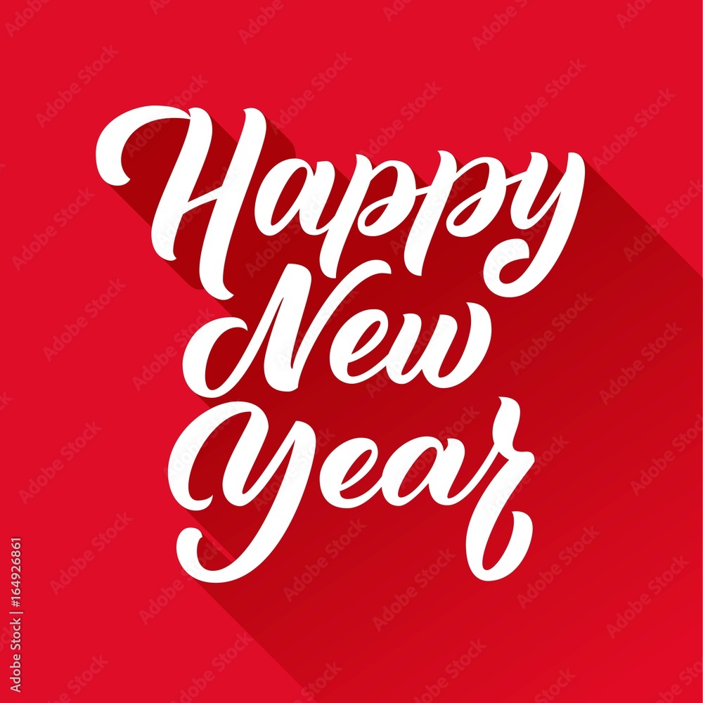 Happy New Year hand lettering with long shadow on red background. Vector illustration. Can be used for holidays festive design. Happy New Year hand lettering with long shadow on red background. Vector illustration. Can be used for holidays festive design.