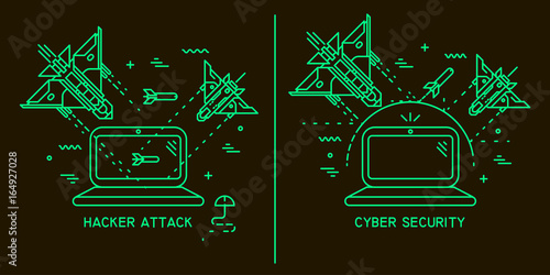 Two vector thin line illustrations on the theme of hacker attack, hacking, cyber security. Fighter planes flying and shooting at the laptop on black background.