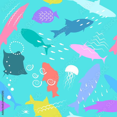 Vector seamless hand drawn pattern of colorful fish silhouettes and underwater structures on turquoise background.