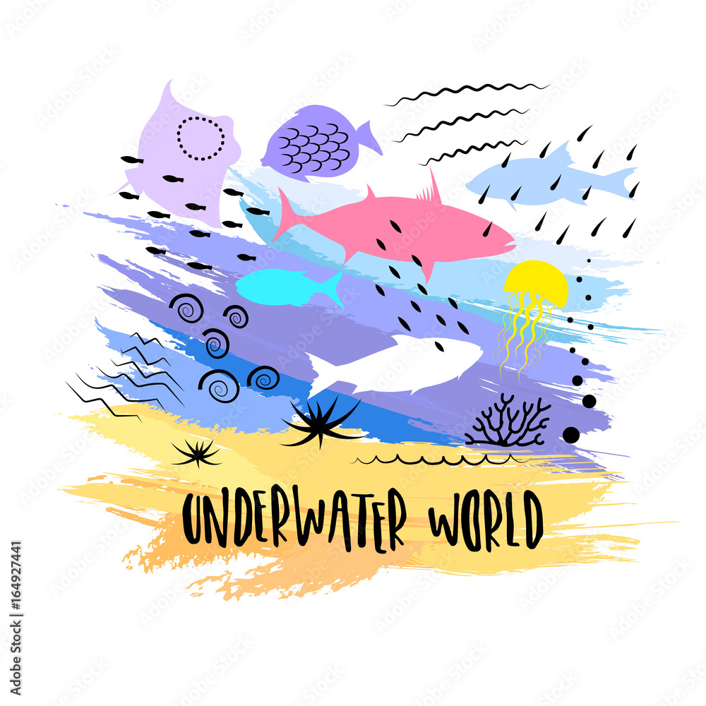 Obraz premium Vector hand drawn print with colorful fishes, paints smears and underwater structures.