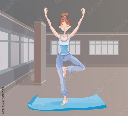 Young attractive woman practicing yoga in studio, standing on one leg. Vrikshasana exercise, Tree pose. Vector illustration, isolated on white background.