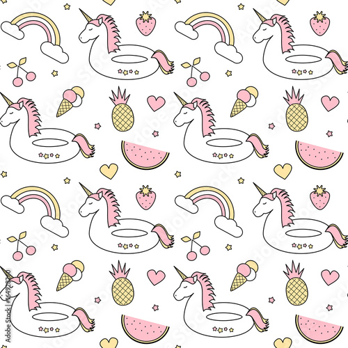 cute colorful seamless vector pattern background illustration with float unicorn, rainbow, ice cream, pineapple, cherry, strawberry, heart and star
