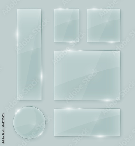 Transparent vector crystal clear glass shapes. Shiny realistic glass texture design elements collection with transparency.