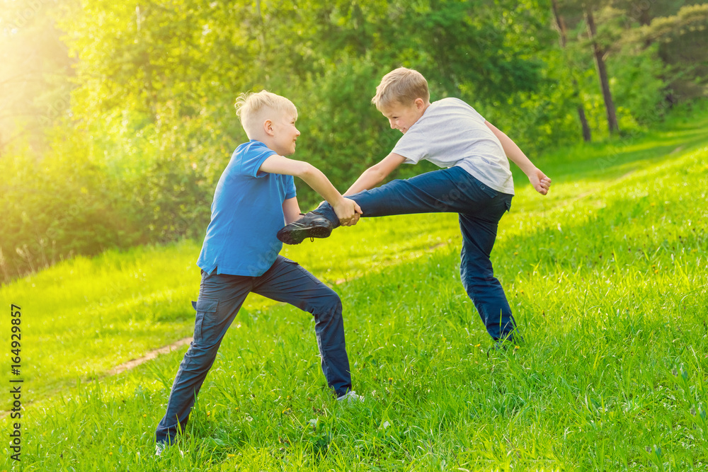Two boys fighting on the green grass in the park Two boys fighting on the green grass in the park