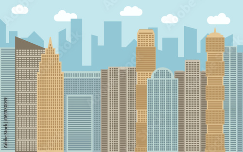Vector urban landscape illustration. Street view with cityscape, skyscrapers and modern buildings at sunny day. City space in flat style background concept. 