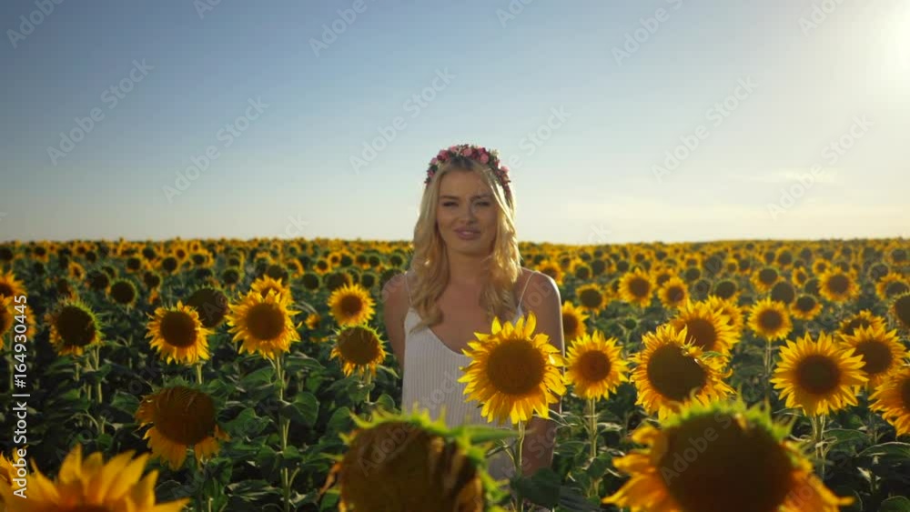 Young beautiful blonde woman standing in sunflower field. Sunset background. Sexy sensual portrait of girl in flower wreath and white summer dress. Slow motion. Young beautiful blonde woman standing in sunflower field. Sunset background. Sexy sensual portrait of girl in flower wreath and white summer dress. Slow motion.