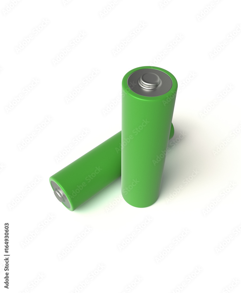 3D realistic render of AA green alkaline battery on a white background, isolated, with shadow 3D realistic render of AA green alkaline battery on a white background, isolated, with shadow