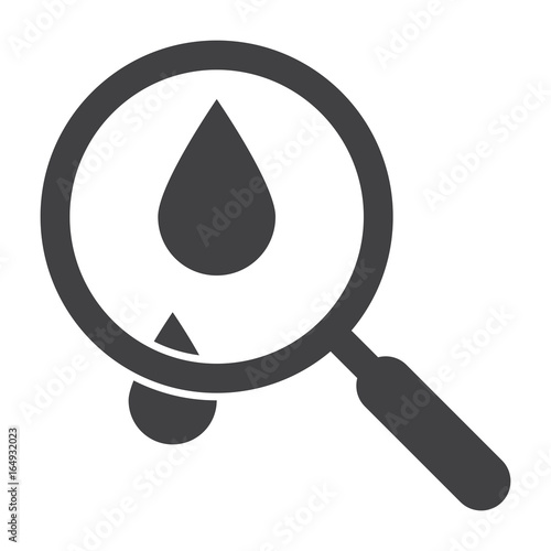 Hematology concept with blood drop and magnifying glass, vector silhouette