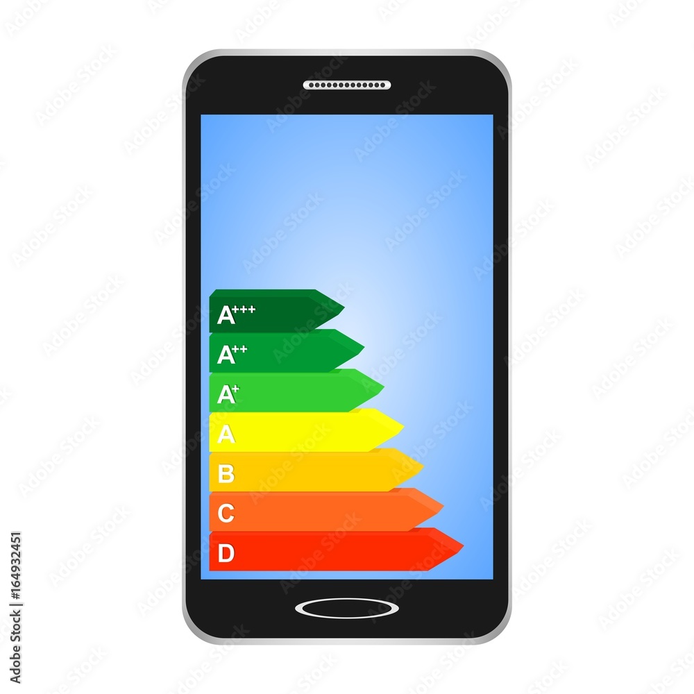 Black switched smartphones with blue display with energy class label