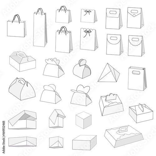 Blank boxes and bags, various shapes, vector, isolated on white background