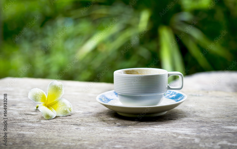 Coffee break on Wood Table and Natural Background