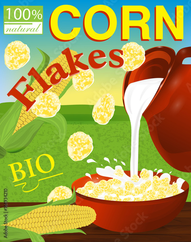 Corn flakes label. Milk pouring from the jug a plate. Background field, sky and sun. Vector