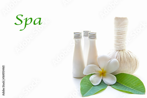 Thai Spa Treatments and massage flower on wooden and white background, banner, copy space. Healthy Concept.