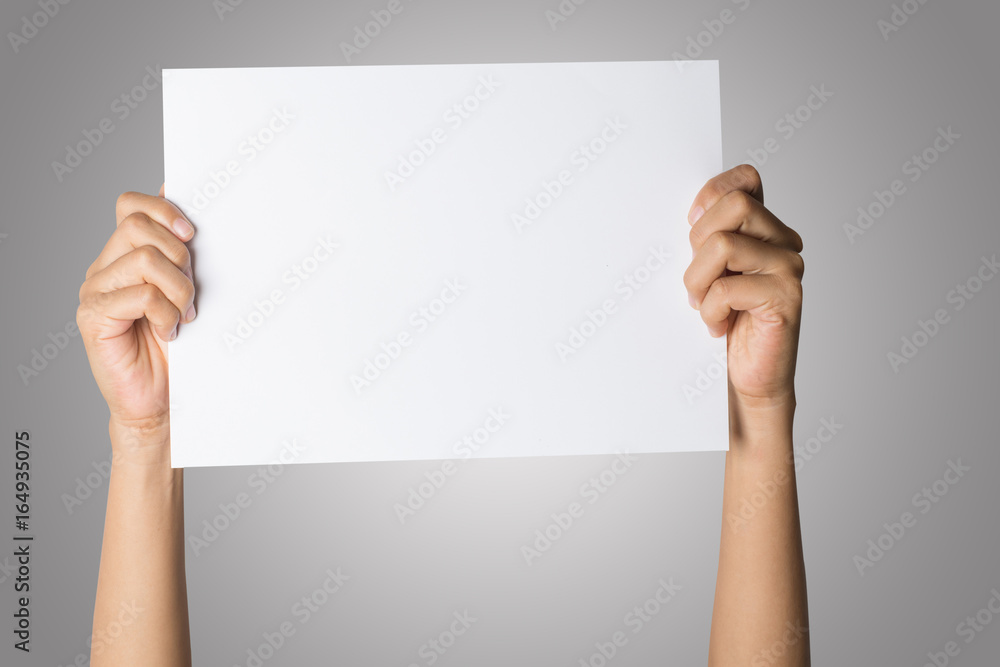 Close Up of woman hand holding blank paper isolated on white background - obrazy, fototapety, plakaty 