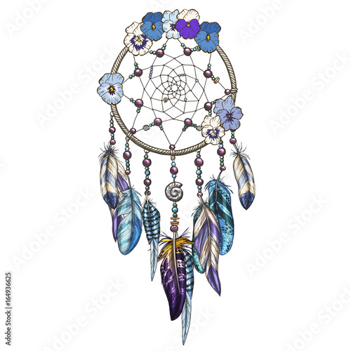 Hand drawn ornate Dreamcatcher with blue and purple wild flowers Astrology, spirituality, magic symbol. Ethnic tribal element.