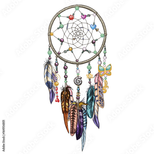 Hand drawn ornate Dreamcatcher with feathers, jewels and colorful gemstones. Astrology, spirituality, magic symbol. Ethnic tribal element.