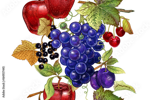 Vintage seamless pattern with fruits and berries.