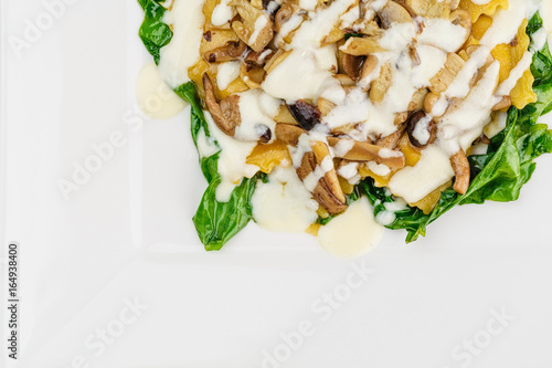 Italian ravioli with fresh roasted mushrooms and creamy parmesan cheese sauce decorated with spinach on white plate. photo