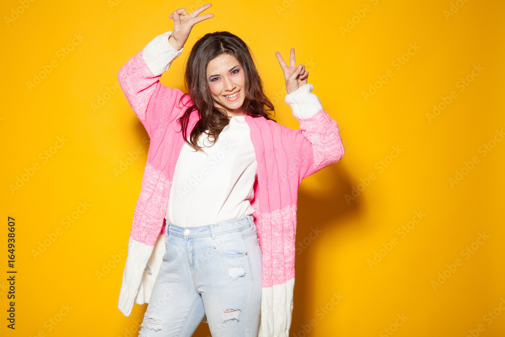 bright girl shows two fingers on the hands bright girl shows two fingers on the hands