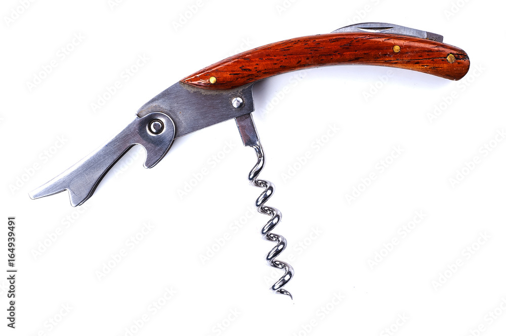 Wooden corkscrew isolated on white background. View from above. Wooden corkscrew isolated on white background. View from above.