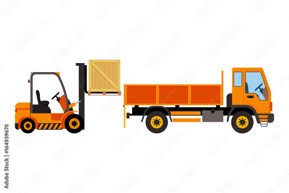 Orange forklift loading truck. Vector flat illustration. Orange forklift loading truck. Vector flat illustration.