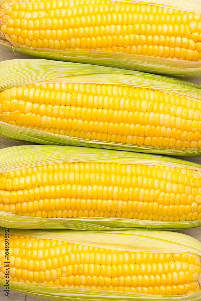 Closeup of Fresh corn on cobs on wooden table. Closeup of Fresh corn on cobs on wooden table.