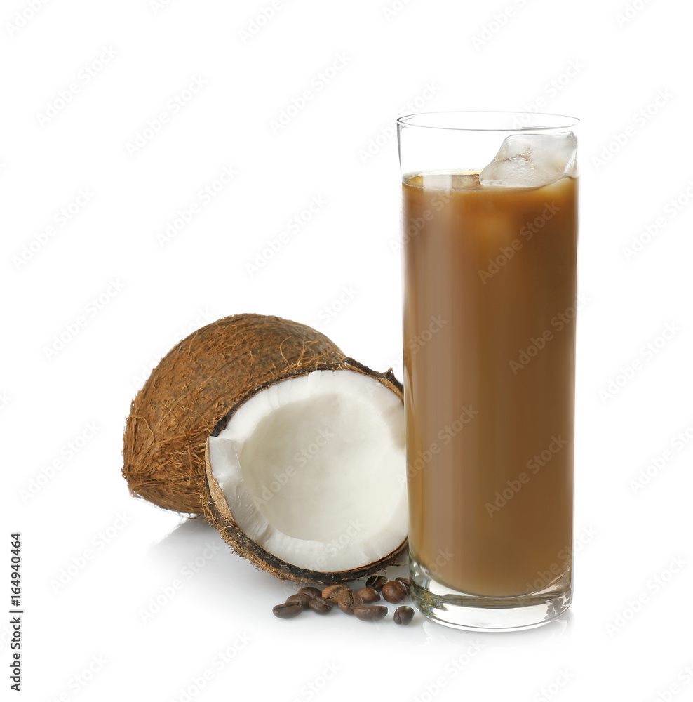 Glass of coconut coffee with nut and beans on white background Glass of coconut coffee with nut and beans on white background