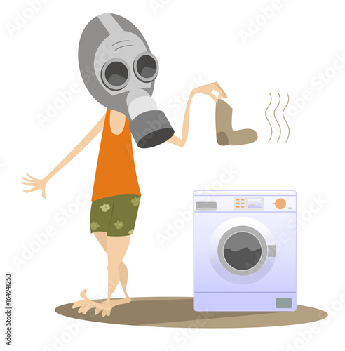Dirty laundry, man and washing machine isolated. Man in the gas mask holds a dirty sock and going to wash it in the washing machine

