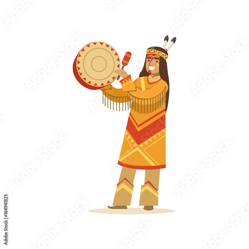 Native american indian in traditional indian clothing playing tambourine vector Illustration