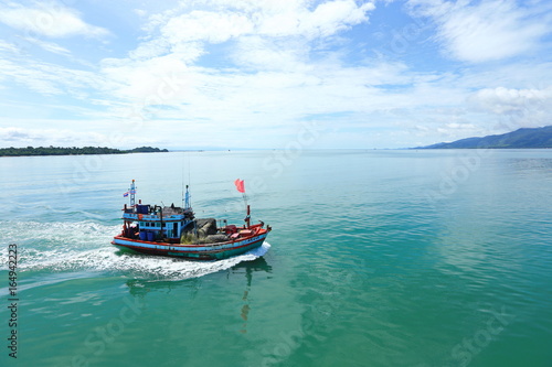 Ferry Carry car vehicles acroos Thai Bay to Koh Chang Island in beautiful sunshine day