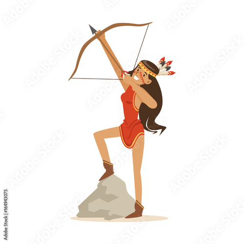 Native american indian girl in traditional red indian dress shooting a bow and arrow vector Illustration