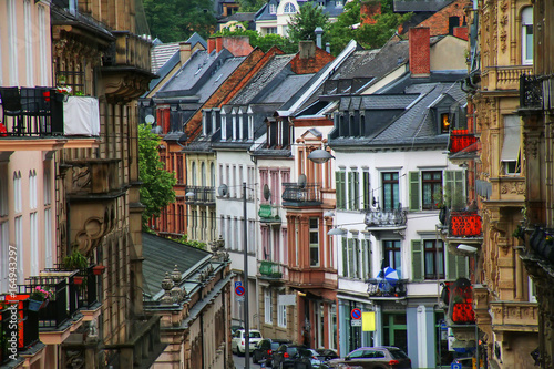 Residential buildings along the street in Wiesbaden city center, Hesse, Germany.
